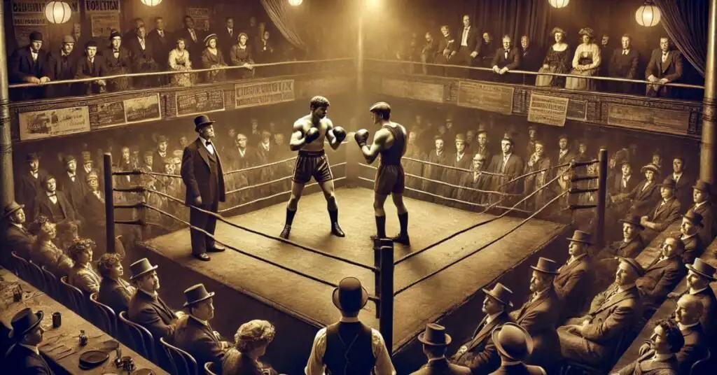 Escena de boxeo antiguo ambientada en los años 1900